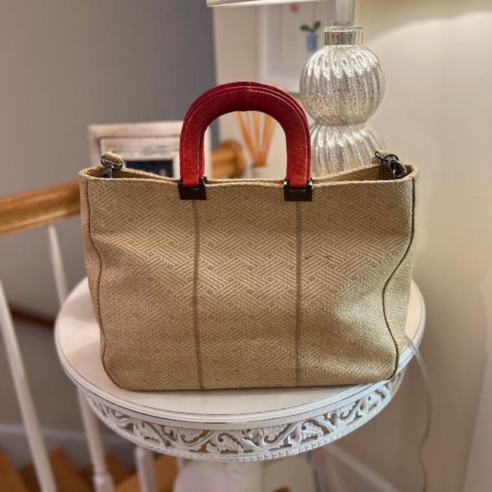 Rare Kotur Mortimer Balinese Straw Tote With Orange Snakeskin Sueded Handles View 5